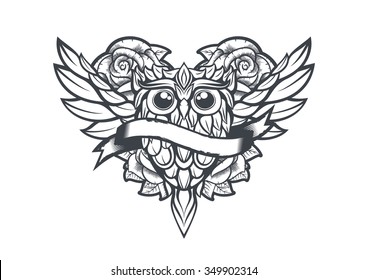 owl with wings and roses
