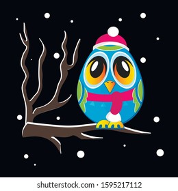 Owl winter cartoon illustration night