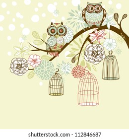 Owl winter floral background. Owls out of their cages concept vector