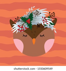 Owl in winter wearth on line background vector illustration hand draw desing