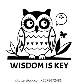 Owl with wisdom is key text, glyph sticker  