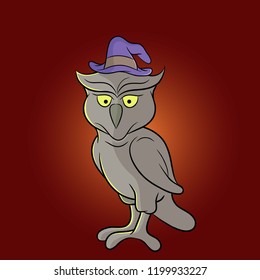 Owl with witch hat character design,cartoon style,glowing background hallloween celebration