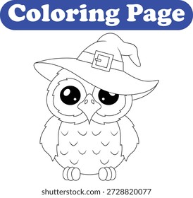 Búho con sombrero de bruja para colorear página de libro para niños