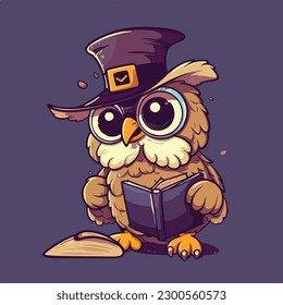 owl witch wizard holding magic book vintage cartoon character mascot vector illustration