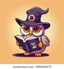 owl witch wizard holding magic book vintage cartoon character mascot vector illustration