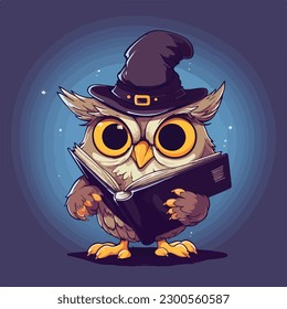 owl witch wizard holding magic book vintage cartoon character mascot vector illustration