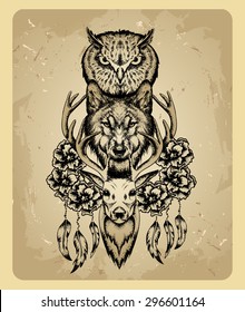 owl, wolf and deer in the style of tattoo