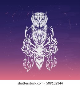 owl, wolf and deer in the style of tattoo 