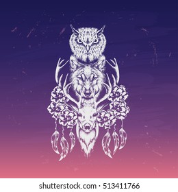 Owl, Wolf And Deer In The Style Of Tattoo 