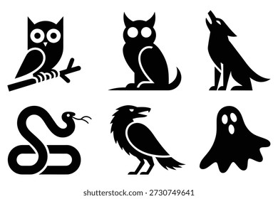 Owl wolf snake raven ghost icons vector