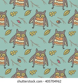 Owl in the wood seamless pattern 