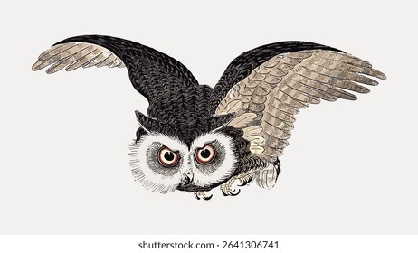Owl woodblock print, vintage vector element.