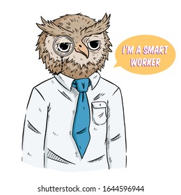 Ilustración obrera de búho con estilo coloreado a mano. animal de moda de búho