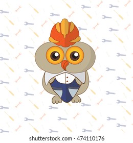 An owl with a worker's helmet and working tools background. Bricklayer or construction worker. Handyman Owl vector icon.