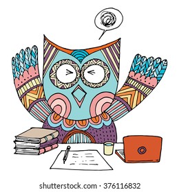 Owl Working Hard Doodle Vector