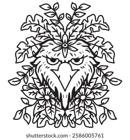 Owl with a wreath of flowers and leaves. Vector illustration.