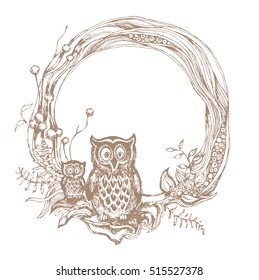 Owl wreath hand drawn vector illustration