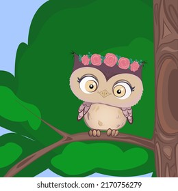 an owl in a wreath of roses sits on a tree