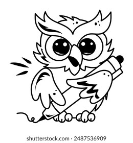 Owl writing with pen, doodle style cartoon 