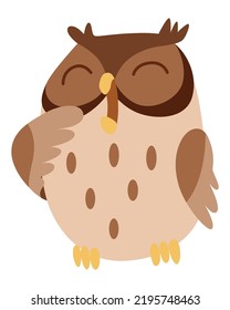 Owl yawns arranging their cozy home. Wild forest animal. Flat cartoon character. Vector Illustration