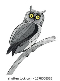 Owl with yellow eyes sitting on a tree branch. Feathers imitated textures. Vector. Grayscale.