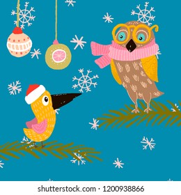 owl in yellow glasses, pink scarf and a bird in a winter hat red, sitting on the branches , decorated with Christmas balls. background snowflakes, elegant Christmas balls