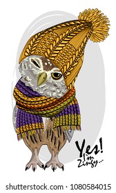 Owl with yellow knitted hat and  knitted scarf. Vector hand drawn illustration of dressed bird. 