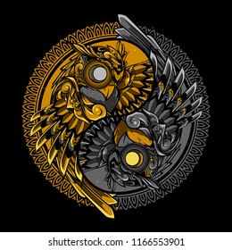 owl yin yang doodle ornament, illustration and tshirt 