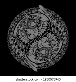 owl yin yang doodle ornament, illustration and tshirt design