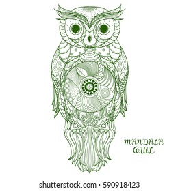 Owl. Zen art. Design Zentangle. Detailed hand drawn vintage owl with abstract patterns on isolation background. Design for spiritual relaxation for adults. 