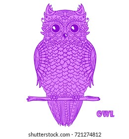 Owl. Zen art. Design Zentangle. Detailed hand drawn vintage owl with abstract patterns on isolation background. Design for spiritual relaxation for adults. Outline for tattoo, printing on t-shirts