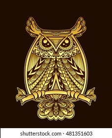 Owl in Zen doodle or  Zen tangle decorative style handmade gold on black for Halloween or for wallpaper or for decorate package clothes or for logotype