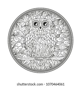 Owl. Zendala. Design Zentangle. Hand drawn abstract patterns on isolation background. Design for spiritual relaxation for adults. Line art of mandala. Zen art