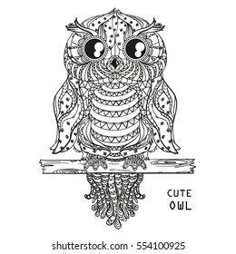 Owl. Zentangle. Hand drawn owl with abstract patterns on isolation background. Design for spiritual relaxation for adults.  Black and white illustration for coloring. Zen art