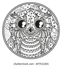 Owl. Zentangle. Mandala. Hand drawn circle zendala with abstract patterns on isolation background. Design for spiritual relaxation for adults. Line art. Black and white illustration for coloring.