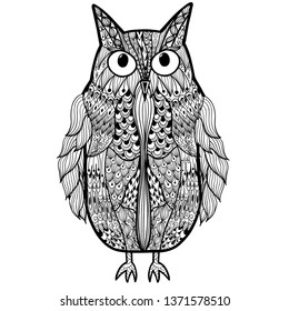 Owl in zentangle style coloring page. Hand drawn black and white print. Vector illustration