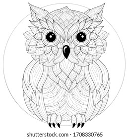 Owl.Coloring book antistress for children and adults. Illustration isolated on white background.Zen-tangle style. Black and white drawing.