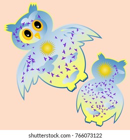 Owl-day. Owl painted in the colors of the day sky with clouds, sun, birds