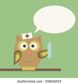Owl-doctor with syringe, speech bubble for text