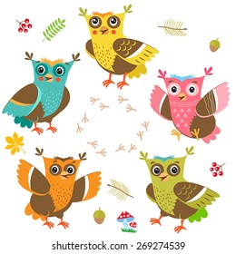 Owlet Baby Vector. Cartoon Owls Character Set. Cut Isolated Vector Funny Owl. Collection funny owls in different poses in cartoon style.