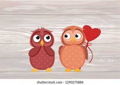 Owlet Cute boy wants to give heart to the Valentine's Day gift to girl owl. She is embarrassed and waiting. Greeting card. Empty space for your text or advertisement. Vector illustration on wooden bac