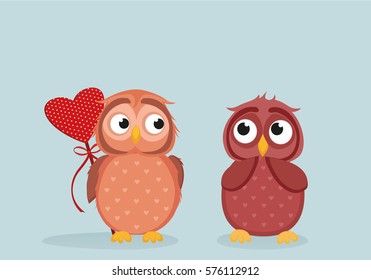 Owlet Cute boy wants to give heart to the Valentine's Day gift to girl owl. She is embarrassed and waiting. Greeting card. Empty space for your text or advertisement. Vector illustration 