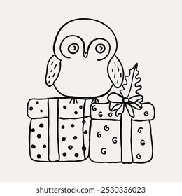 Búho, búho, cajas de regalo. Navidades dibujadas a mano caprichosos iconos de arte de línea 2. Clipart de Navidad, Ilustraciones vectoriales, dibujado a mano doodle iconos, dibujo de estilo peculiar