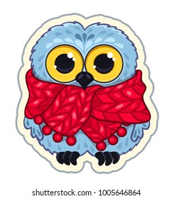 Owlet in the scarf. Sticker vector illustration. Isolated on white.