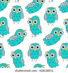 Owlet turquoise vector seamless pattern. vector illustration owl. 