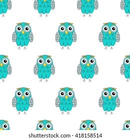 Owlet turquoise vector seamless pattern. vector illustration owl. 