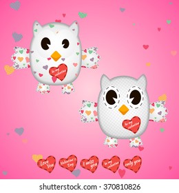 owlet white in the hearts and on the wings . On a pink background