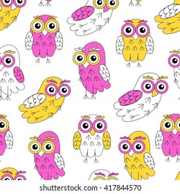 Owlet yellow and pink vector seamless pattern. vector illustration owl. 