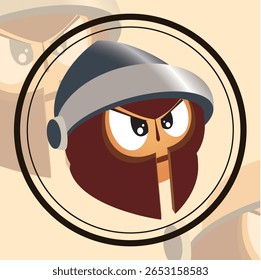 An owl-like character wearing a helmet, with an angry expression, inside a black circular frame.