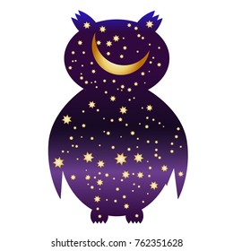 owl-night. owl silhouettes painted with a night sky with stars and a young moon